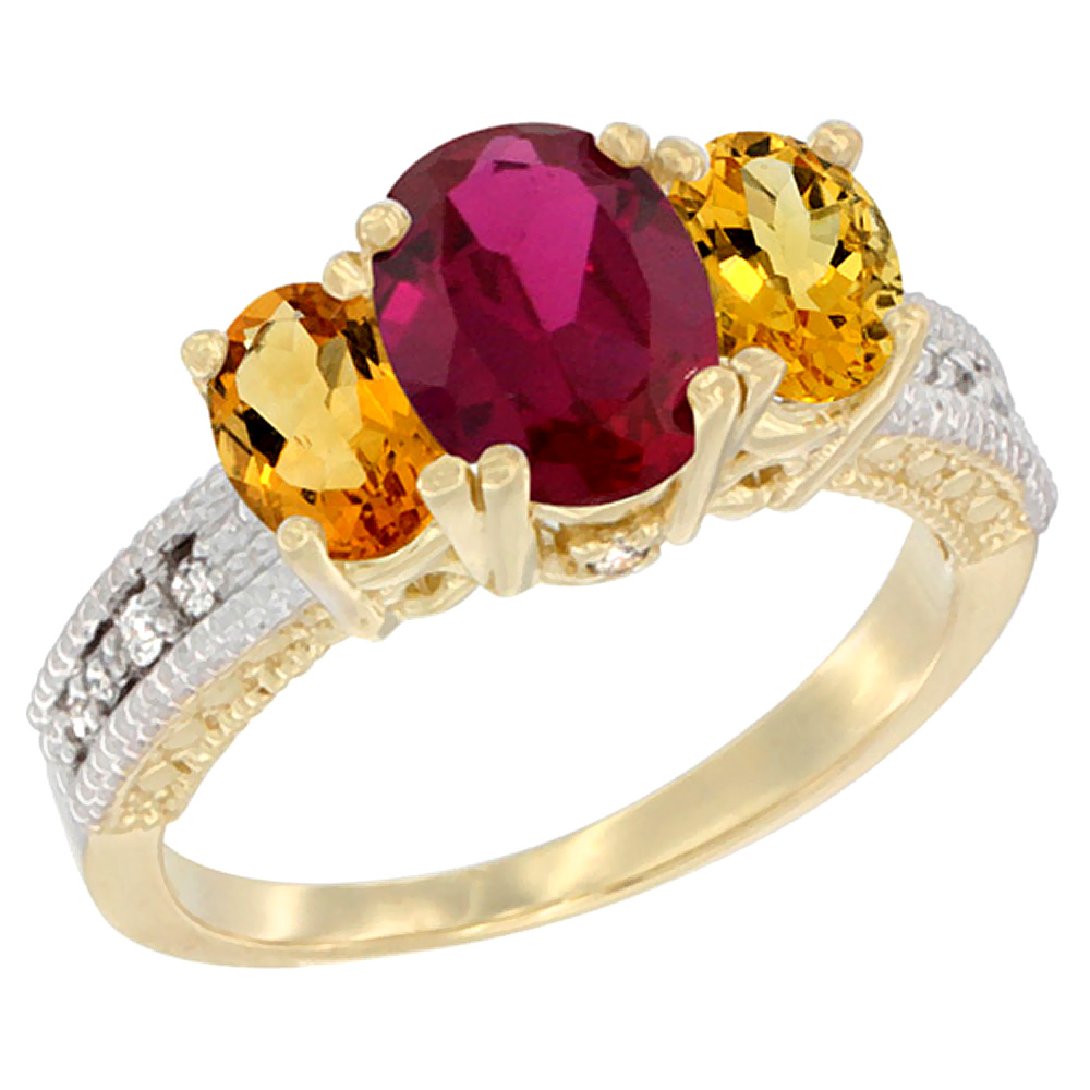 Sabrina Silver 14K Yellow Gold Diamond Quality Ruby 7x5mm & 6x4mm Citrine Oval 3-stone Mothers Ring,size 5 - 10
