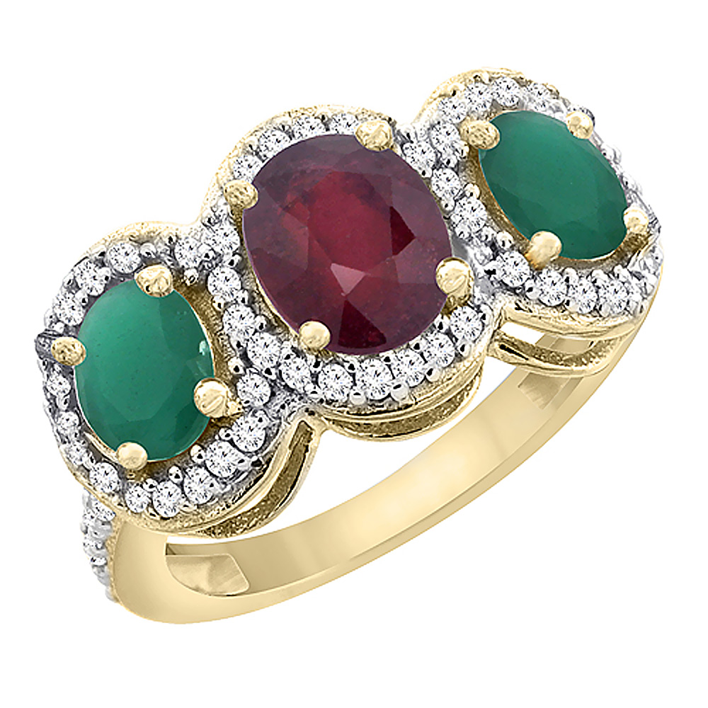 Sabrina Silver 14K Yellow Gold Natural Quality Ruby & Emerald 3-stone Mothers Ring Oval Diamond Accent, size 5 - 10
