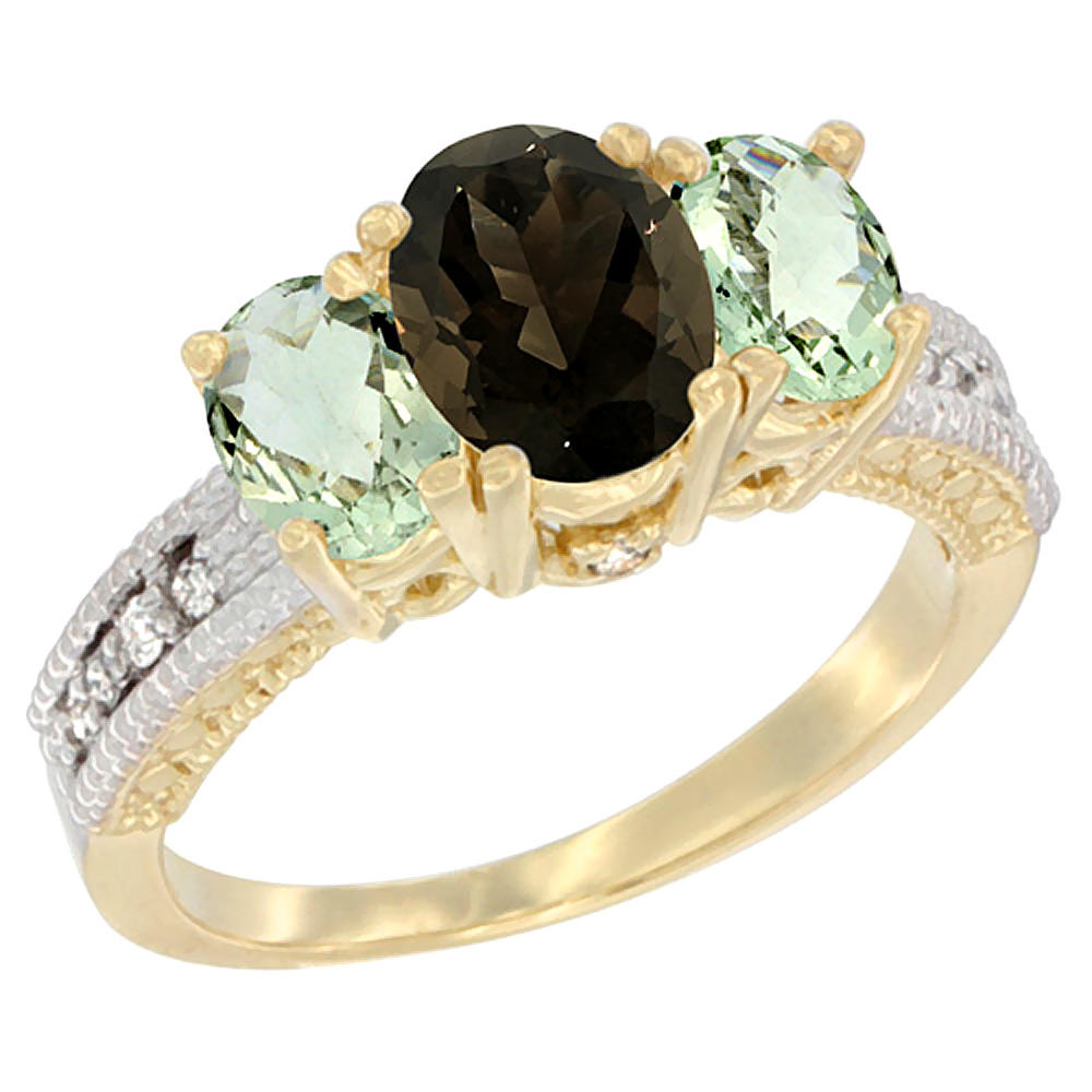 Sabrina Silver 14K Yellow Gold Diamond Natural Smoky Topaz Ring Oval 3-stone with Green Amethyst, sizes 5 - 10