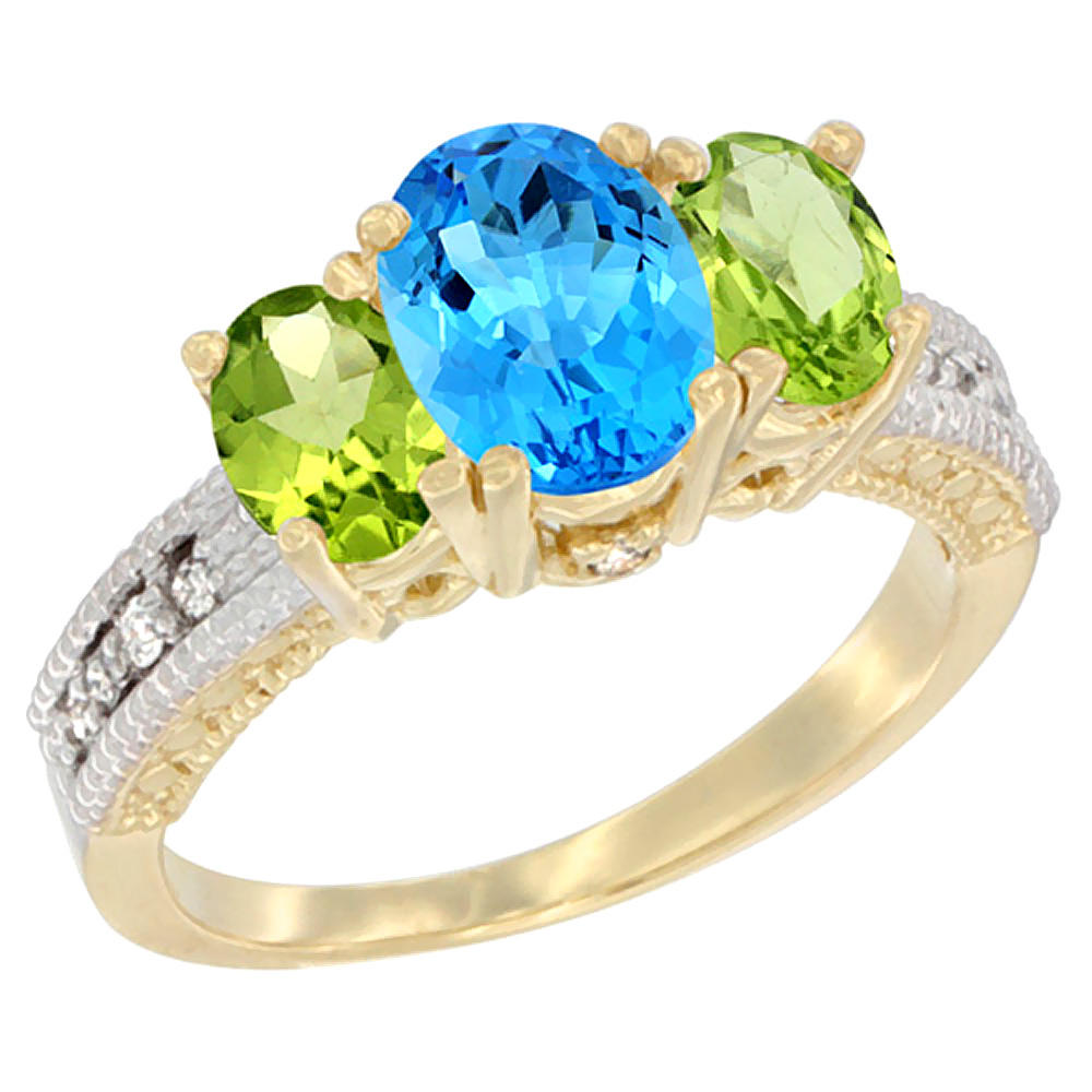 Sabrina Silver 14K Yellow Gold Diamond Natural Swiss Blue Topaz Ring Oval 3-stone with Peridot, sizes 5 - 10