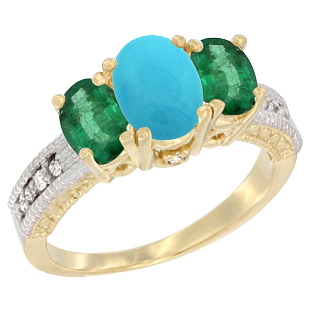 Sabrina Silver 14K Yellow Gold Diamond Natural Turquoise 7x5mm & 6x4mm Quality Emerald Oval 3-stone Mothers Ring,sz 5-10