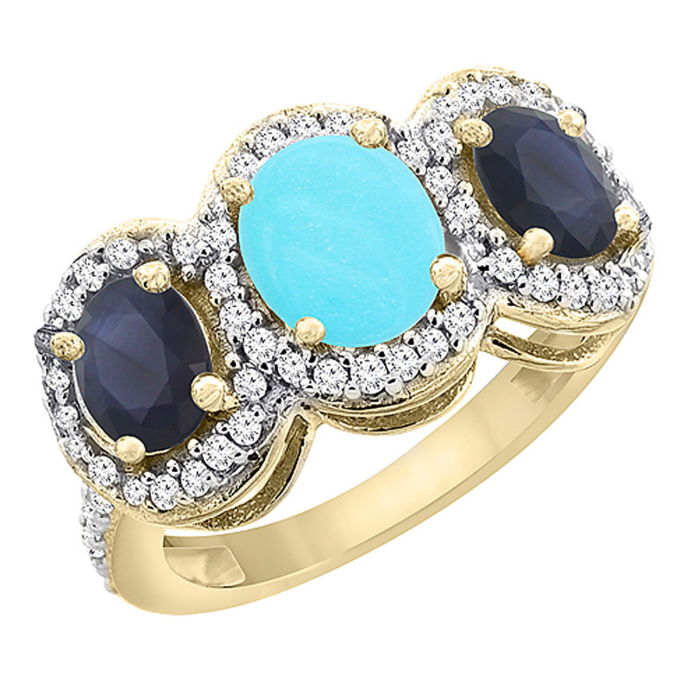 Sabrina Silver 14K Yellow Gold Natural Turquoise & Quality Blue Sapphire 3-stone Mothers Ring Oval Diamond Accent,sz5-10