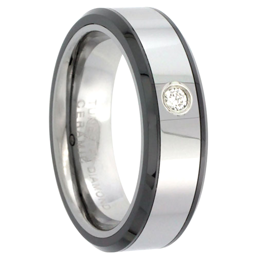 Sabrina Silver 6mm Tungsten Diamond Wedding Ring for Him & Her Beveled Black Ceramic Edges Comfort fit, sizes 4 to 9.5