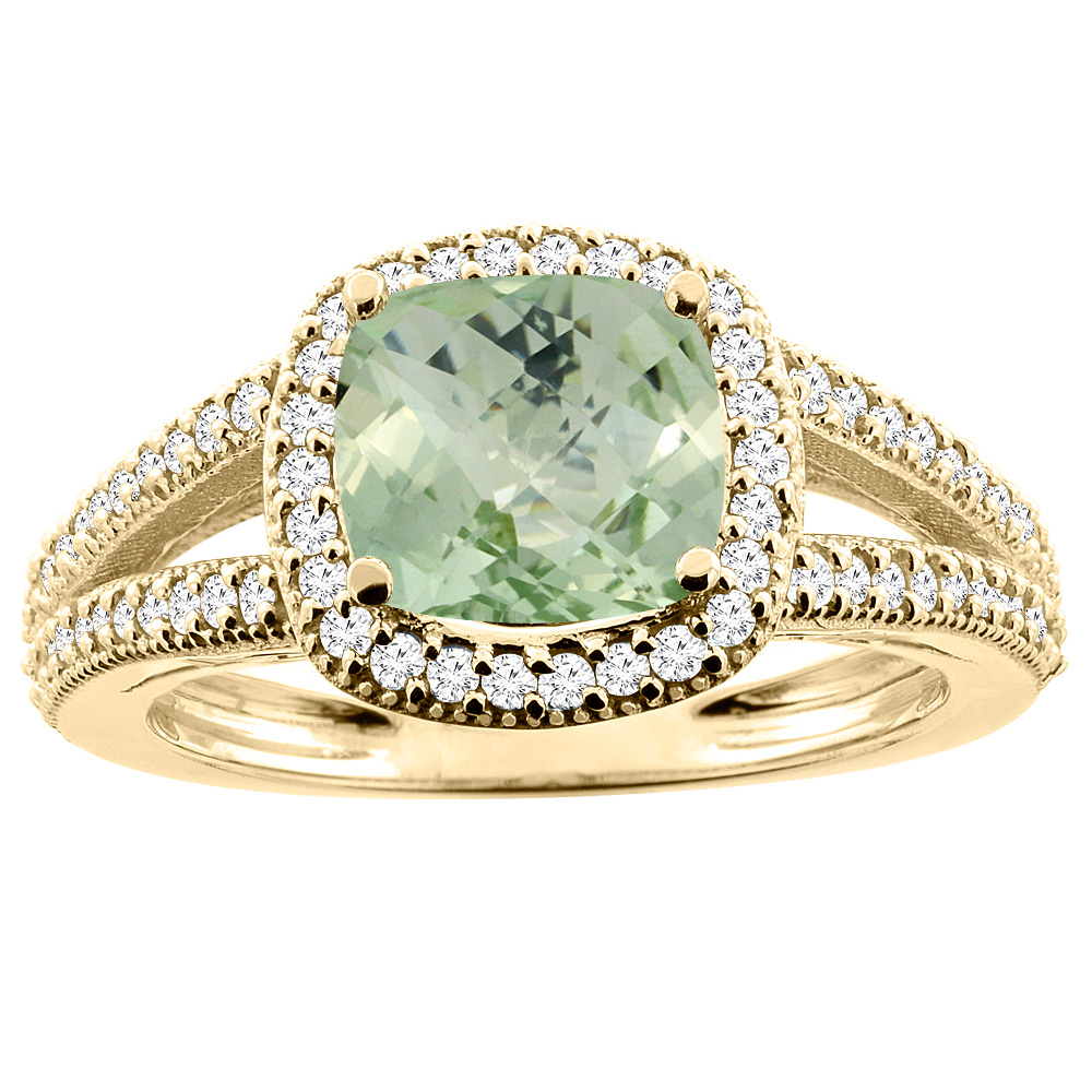 Sabrina Silver 14K Yellow Gold Natural Green Amethyst Ring Cushion 7x7mm Diamond Accent 3/8 inch wide, sizes 5 - 10