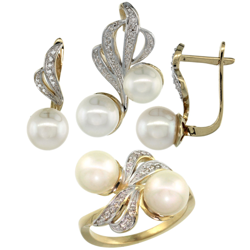Sabrina Silver 14k Gold Ribbon Pearl Ring, Earrings & Necklace Set w/ 0.22 Carat Brilliant Cut ( H-I Color; VS2-SI1 Clarity ) Diamonds & 8-9mm