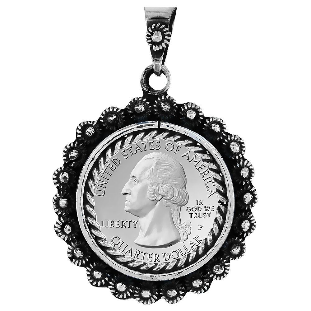 Sabrina Silver Sterling Silver Quarter Dollar Bezel 24 mm Coins Prong Back Flower Edge 25 Cent Coin NOT Included