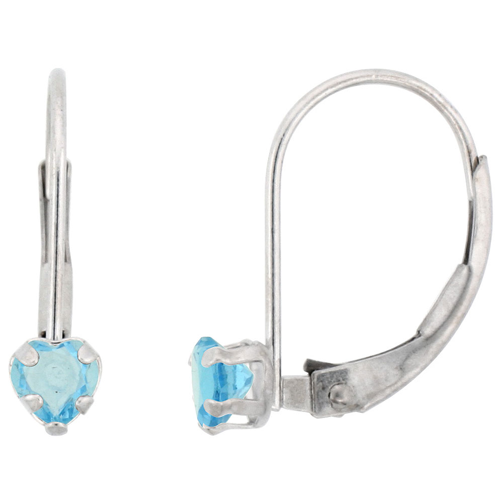 Sabrina Silver 10k White Gold Natural Blue Topaz Leverback Earrings 4mm Heart Shape 0.50 ct, 9/16 inch