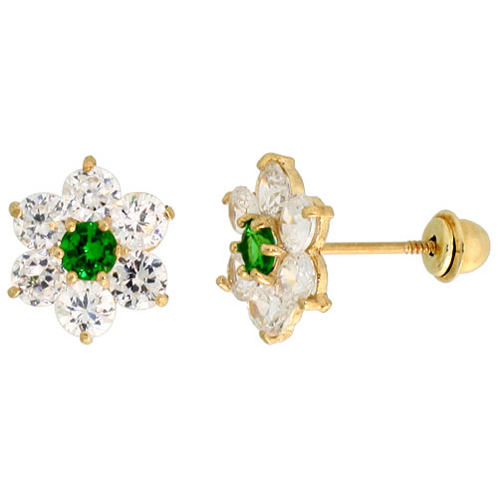 Sabrina Silver 14k Gold Flower Stud Earrings Green & white Cubic Zirconia Stones, 5/16 inch (9mm)