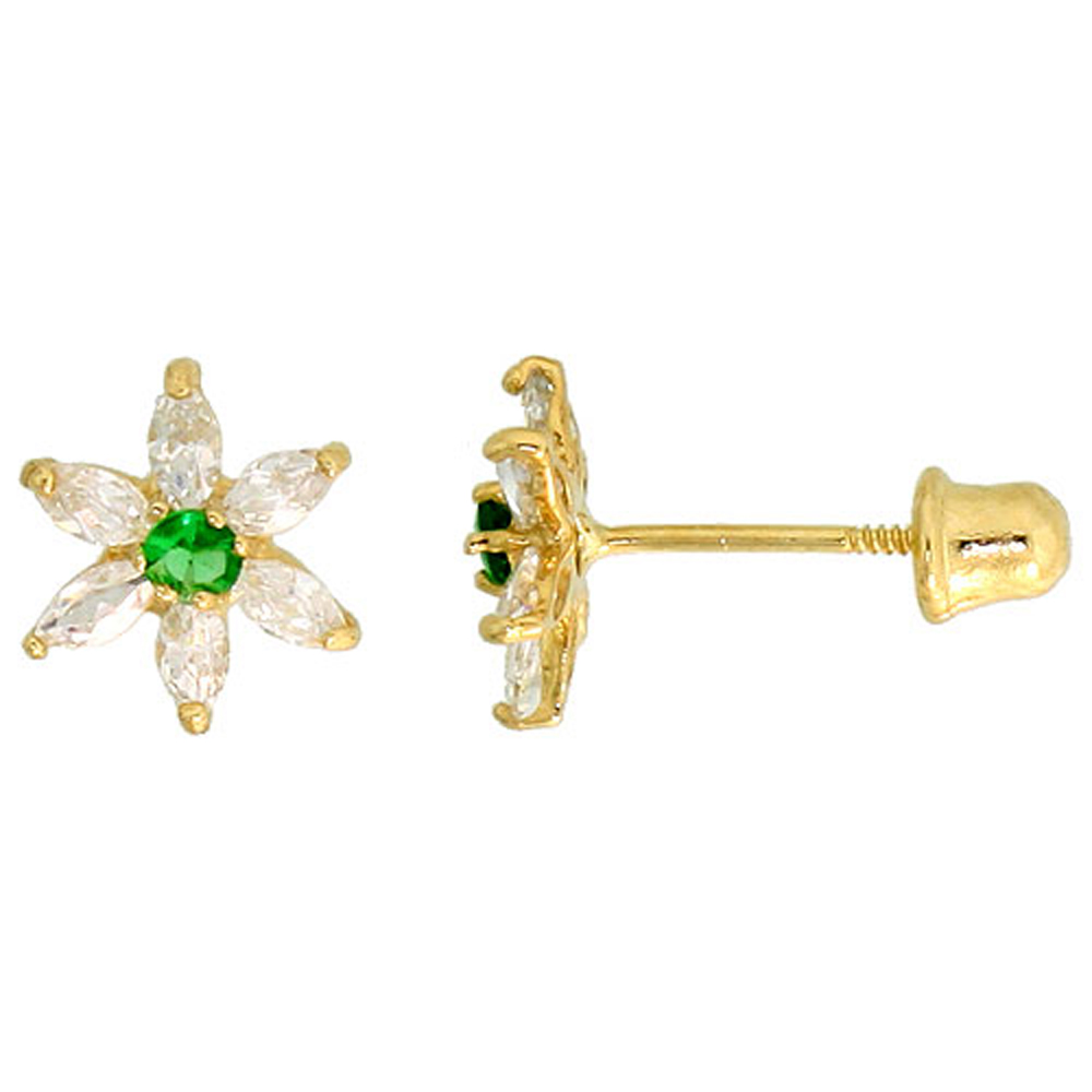 Sabrina Silver 14k Gold Flower Stud Earrings White & white Cubic Zirconia Stones, 5/16 inch (8mm)