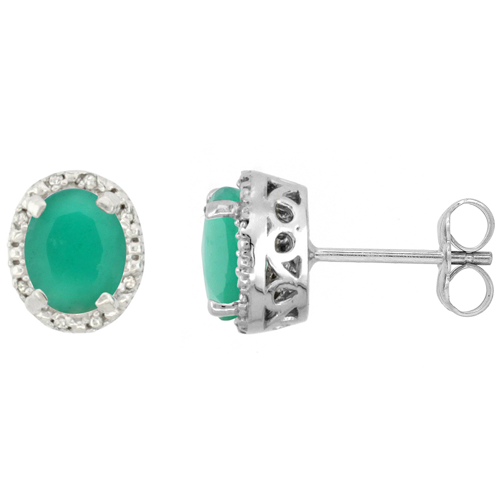 Sabrina Silver 10K White Gold Diamond Halo Natural Emerald Stud Earrings Oval 7x5 mm