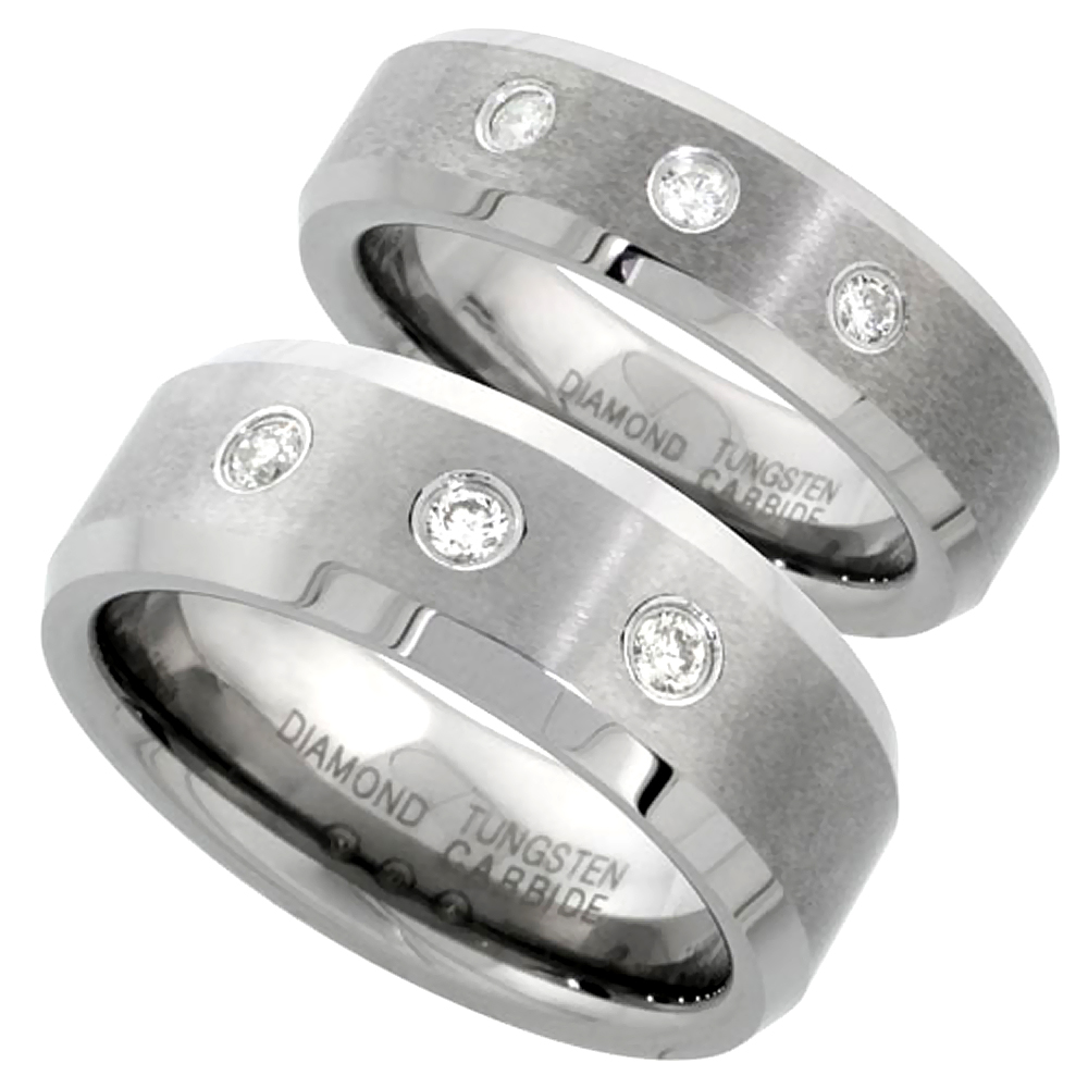 Sabrina Silver 6 & 8 mm Tungsten Diamond Wedding Ring Set for Him and Her 3 stone Matte Beveled Comfort fitsizes 5-13