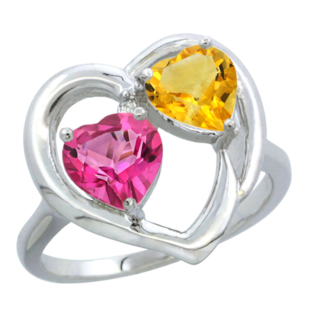 Sabrina Silver 10K White Gold Diamond Two-stone Heart Ring 6 mm Natural Pink Topaz & Citrine, sizes 5-10