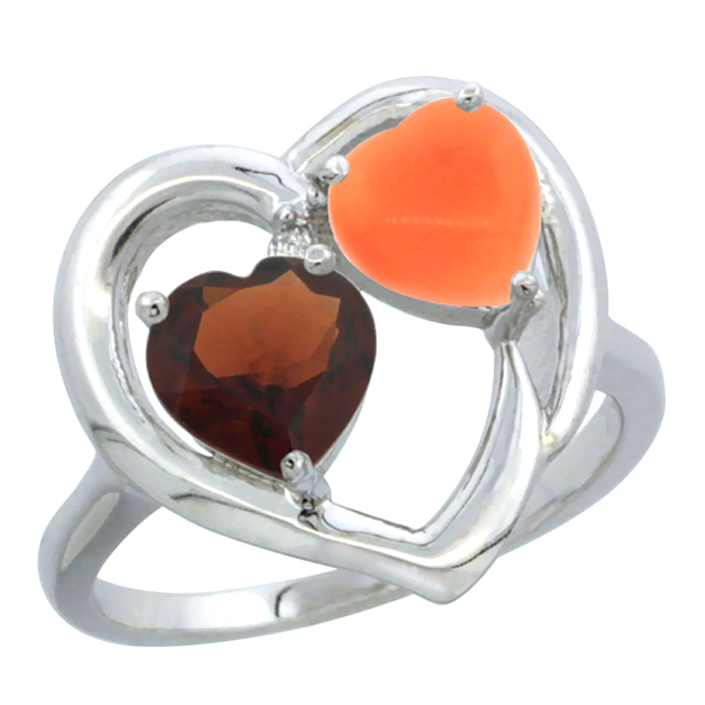 Sabrina Silver 10K White Gold Diamond Two-stone Heart Ring 6mm Natural Garnet & Coral, sizes 5-10