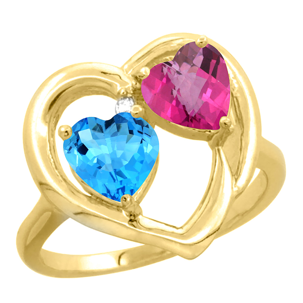 Sabrina Silver 10K Yellow Gold Diamond Two-stone Heart Ring 6mm Natural Swiss Blue & Pink Topaz, sizes 5-10