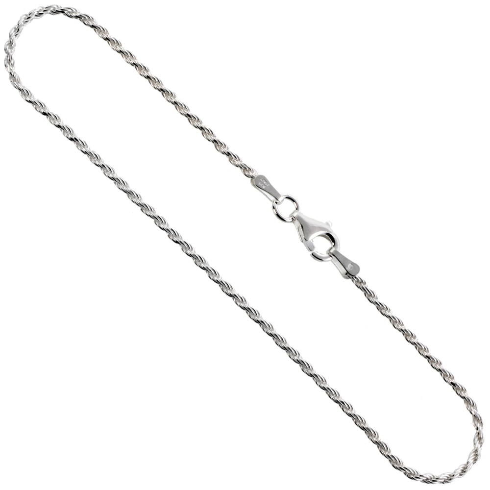 Sabrina Silver Sterling Silver Anklet Rope Chain 1.5 mm Nickel Free Italy, sizes 9 - 10 inch