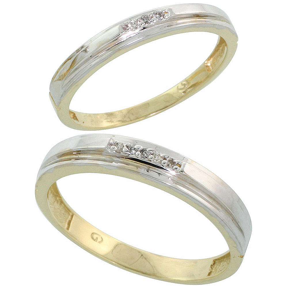 Sabrina Silver Gold Plated Sterling Silver Diamond 2 Piece Wedding Ring Set His 4mm & Hers 3mm, Mens Size 8 to 14