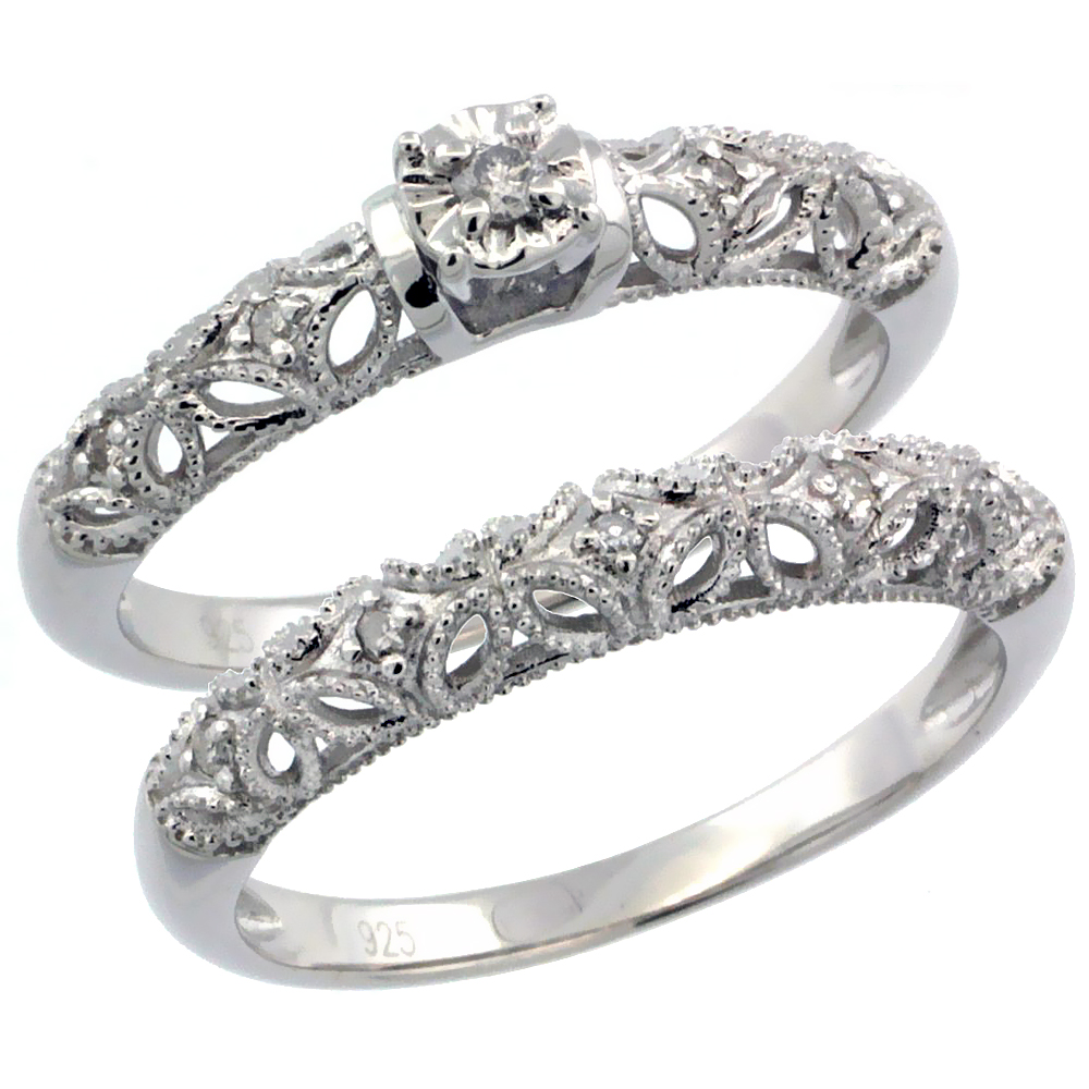 Sabrina Silver Sterling Silver Diamond Floral Vintage Style 2-Pc. 10-Stone Engagement Ring Set Rhodium Finish, sizes 5 to 10