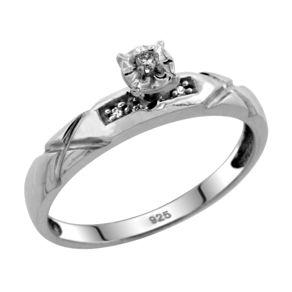 Sabrina Silver Sterling Silver Diamond Engagement Ring, w/ 0.06 Carat Brilliant Cut Diamonds, 1/8 in. (3.5mm) wide