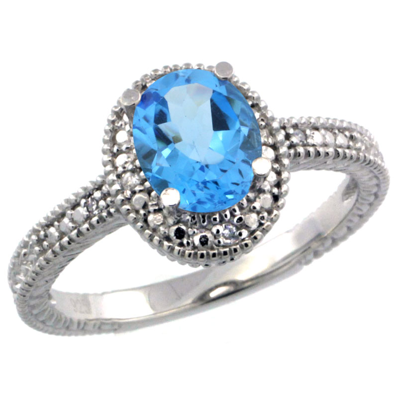 Sabrina Silver Sterling Silver Diamond Vintage Style Oval Blue Topaz Stone Ring Rhodium Finish, 7x5 mm Oval Cut Gemstone sizes 5 to 10