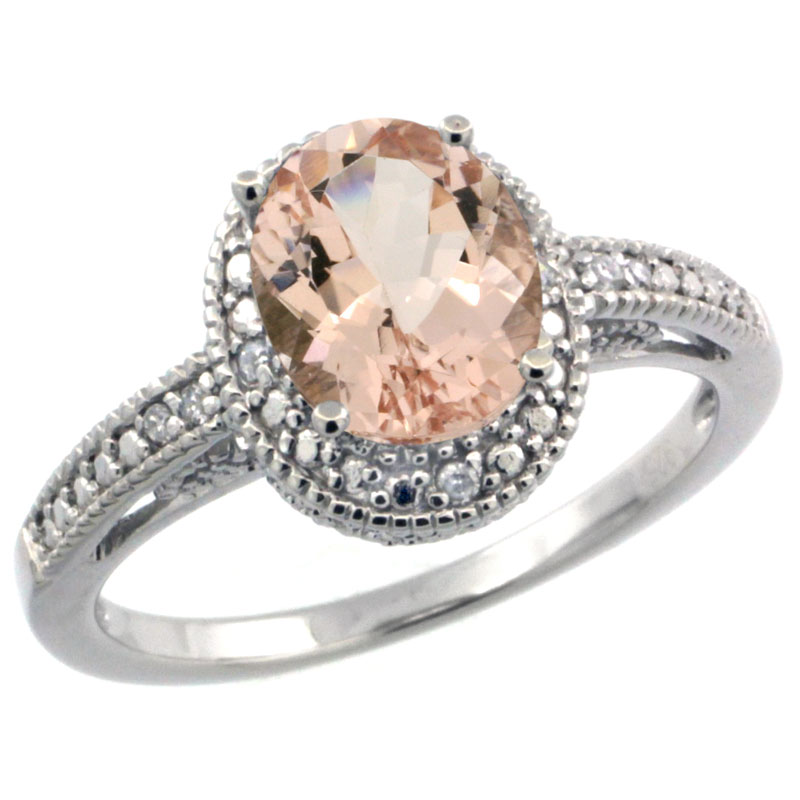 Sabrina Silver Sterling Silver Diamond Vintage Style Oval Morganite Stone Ring Rhodium Finish, 8x6 mm Oval Cut Gemstone sizes 5 to 10