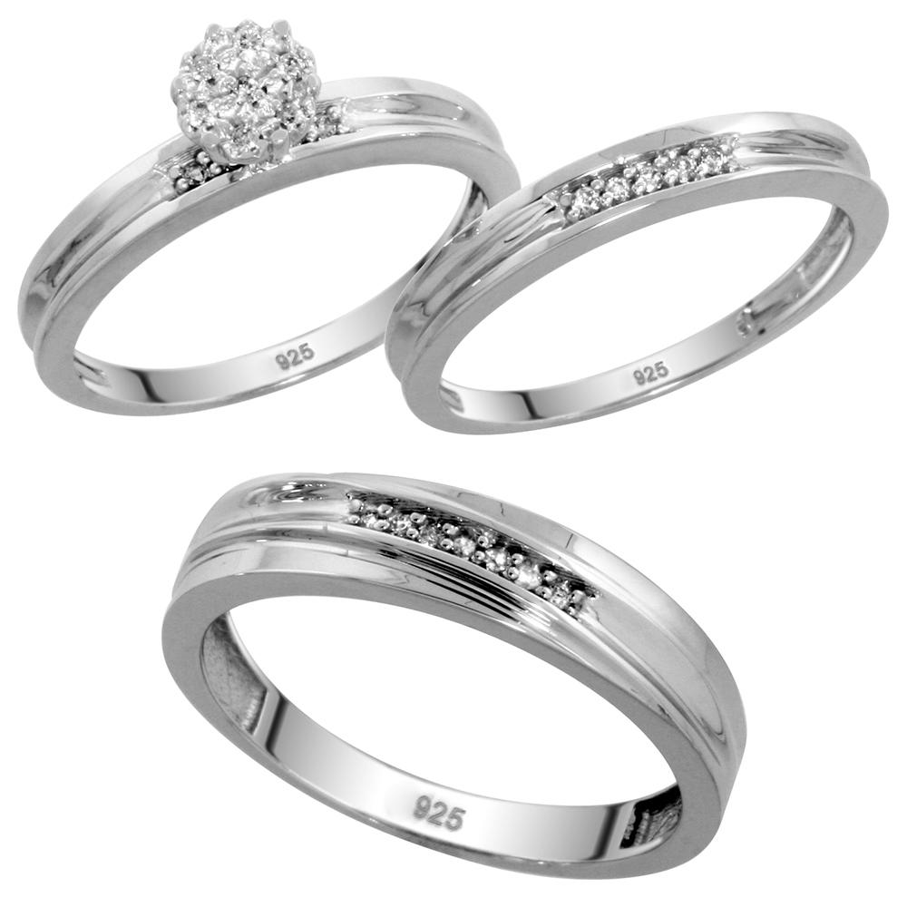 Sabrina Silver Sterling Silver Diamond Trio Wedding Ring Set His 5mm & Hers 3mm Rhodium finish, Men"s Size 8 to 14