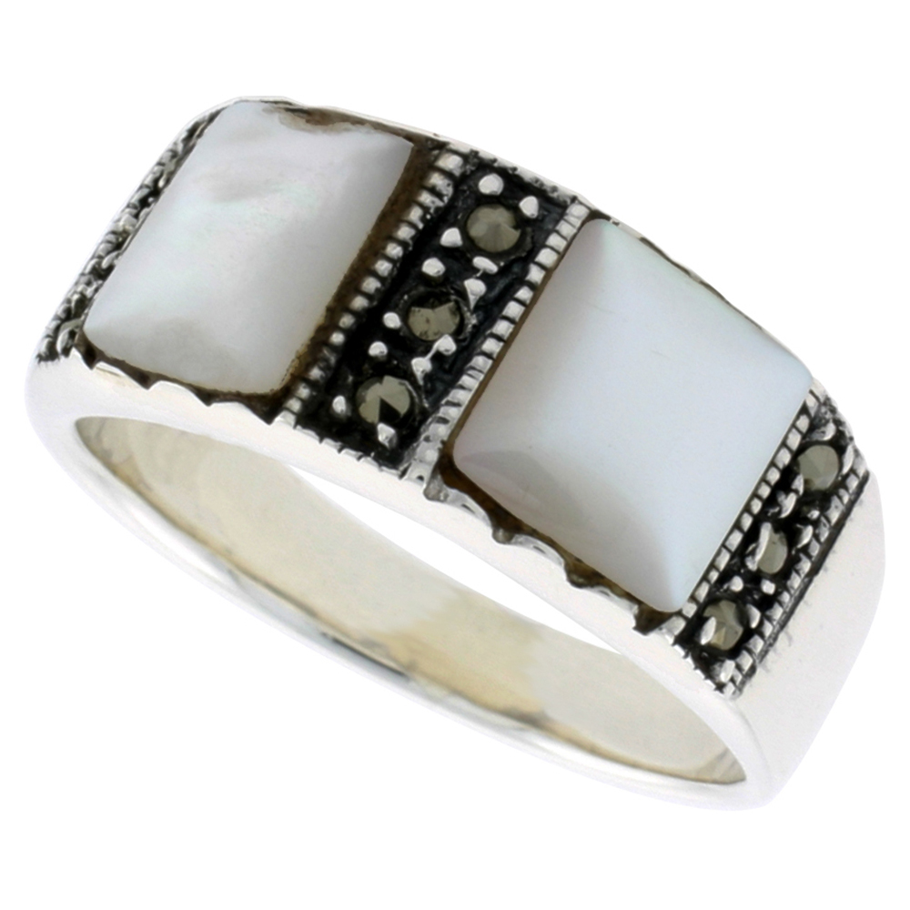 Sabrina Silver Sterling Silver Oxidized Ring, w/ Two 7mm Square-shaped Mother of Pearls, 5/16 (8 mm) wide