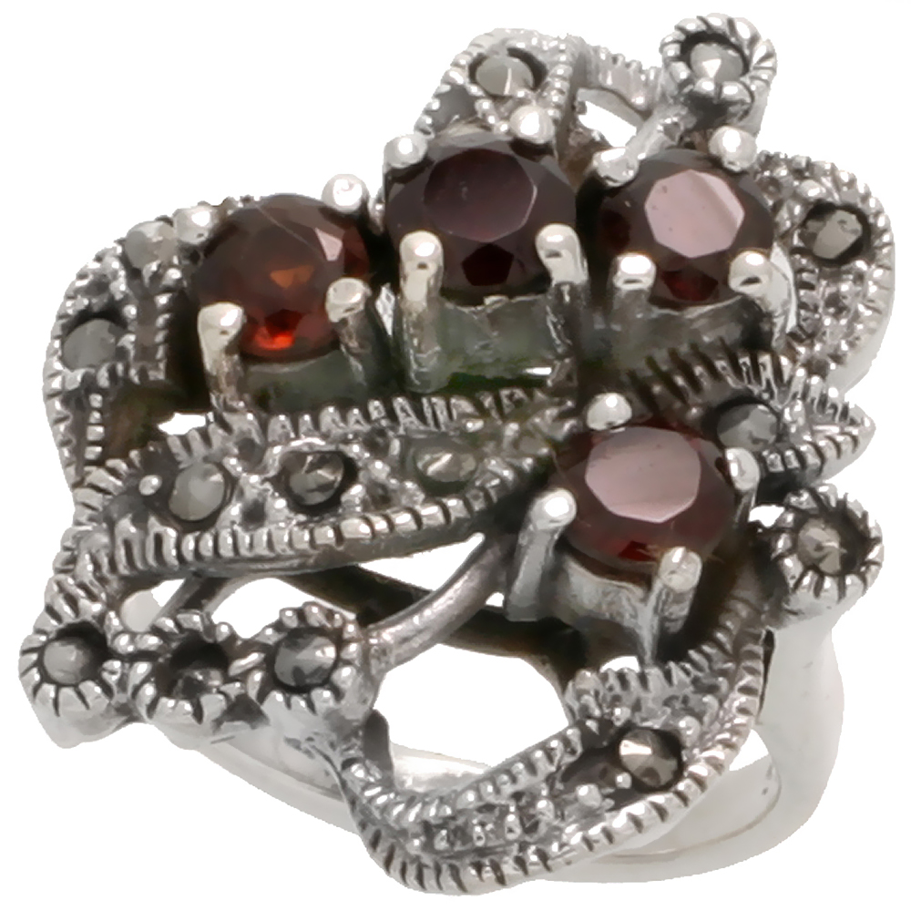 Sabrina Silver Sterling Silver Marcasite Floral Ring, w/ Brilliant Cut Natural Garnet, 15/16" (24 mm) wide