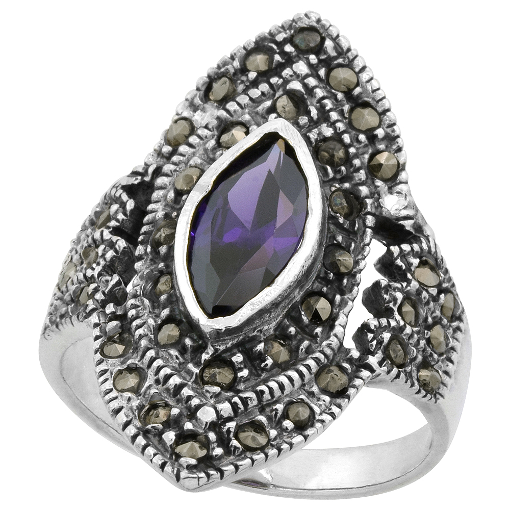 Sabrina Silver Sterling Silver Marcasite Diamond-shaped Ring, w/ Marquise Cut Amethyst CZ, 1" (25 mm) wide