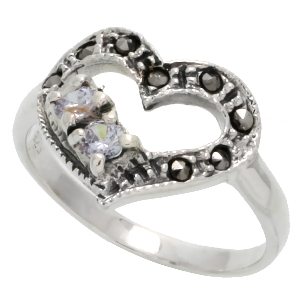 Sabrina Silver Sterling Silver Marcasite Heart Cut Out Ring, w/ Brilliant Cut CZ Stones, 9/16" (15 mm) wide