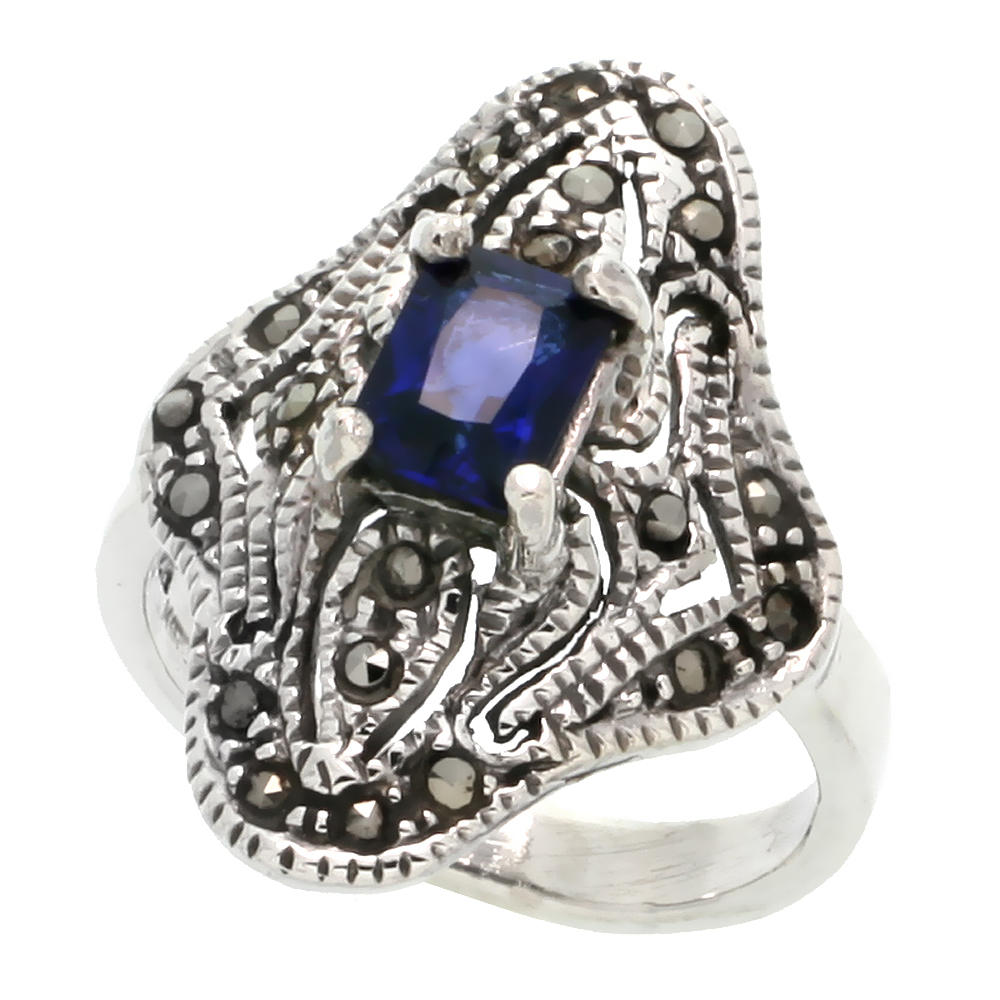 Sabrina Silver Sterling Silver Marcasite Clover-shaped Ring, w/ Emerald Cut Blue Sapphire CZ, 7/8" (22 mm) wide