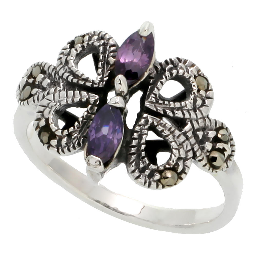 Sabrina Silver Sterling Silver Marcasite Butterfly Ring, w/ Marquise Cut Amethyst CZ, 9/16" (15 mm) wide