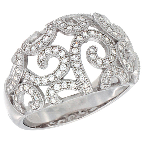 Sabrina Silver Ladies Sterling Silver Domed Ornate Micro Pave CZ Bridal Ring 9/16 inch wide, sizes 6 - 9