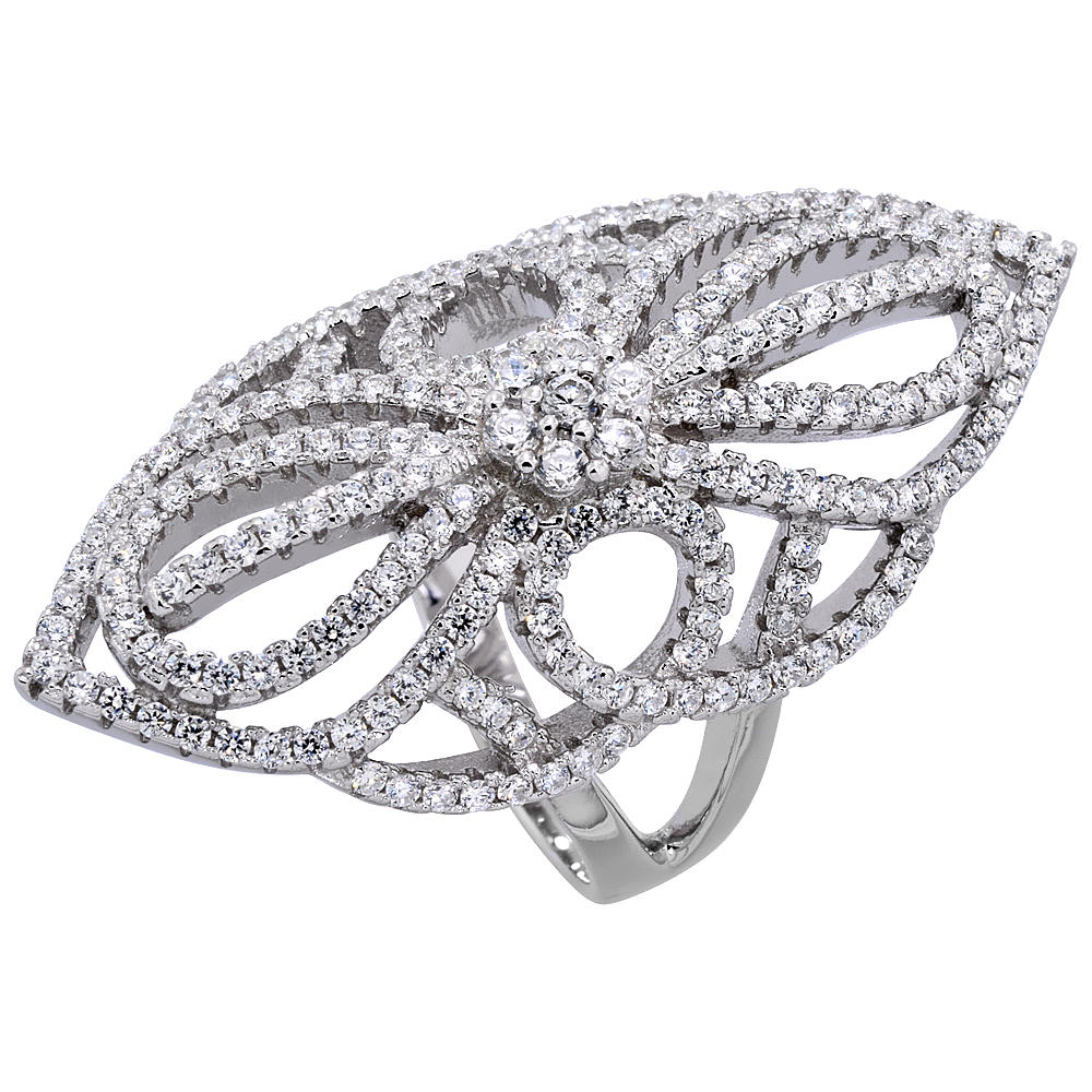 Sabrina Silver Sterling Silver Cubic Zirconia Long Ring Micro pave Spider 1 1/2 inch Long, sizes 6 - 9