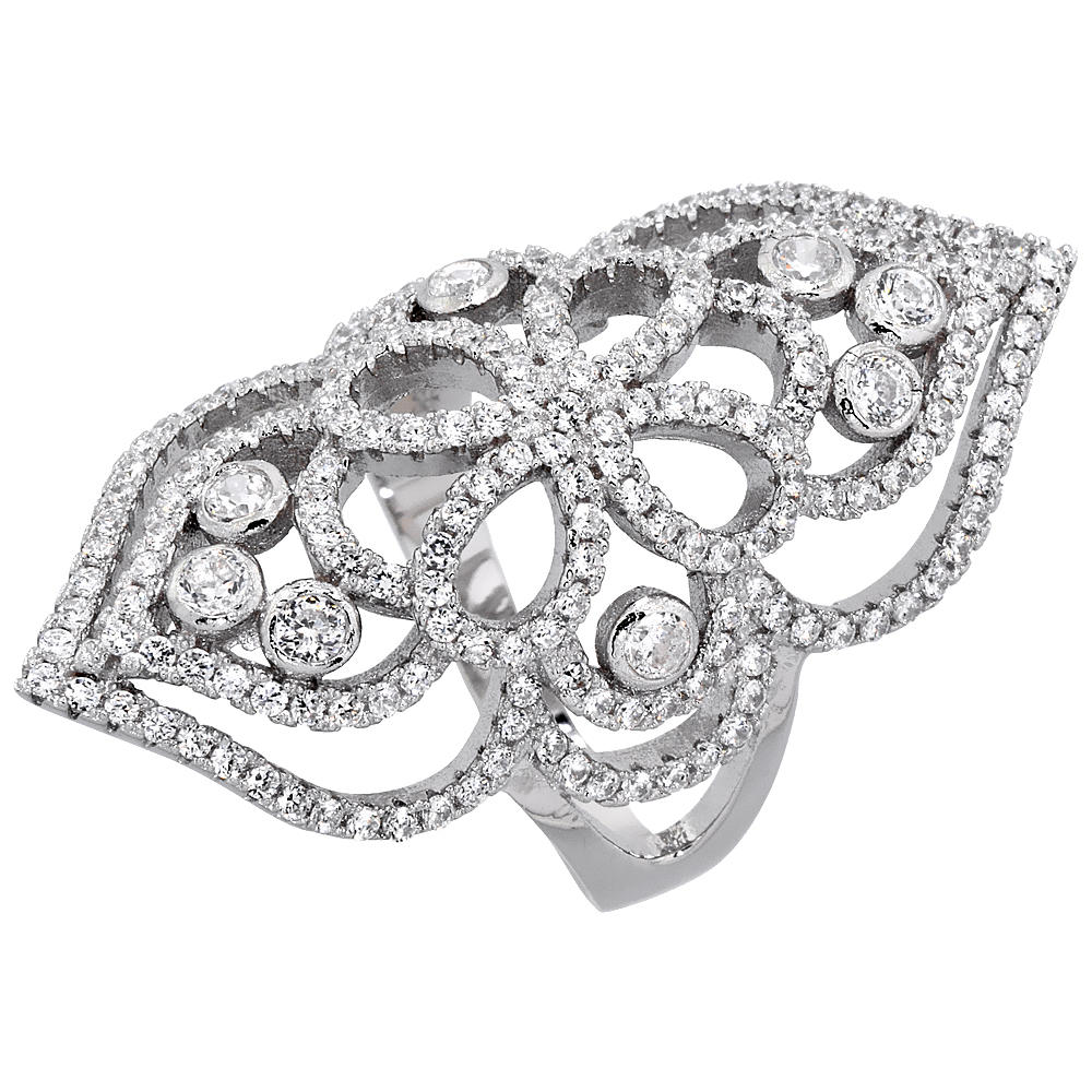 Sabrina Silver Sterling Silver Cubic Zirconia Long Ring Micro pave Floral 1 1/2 inch Long, sizes 6 - 9