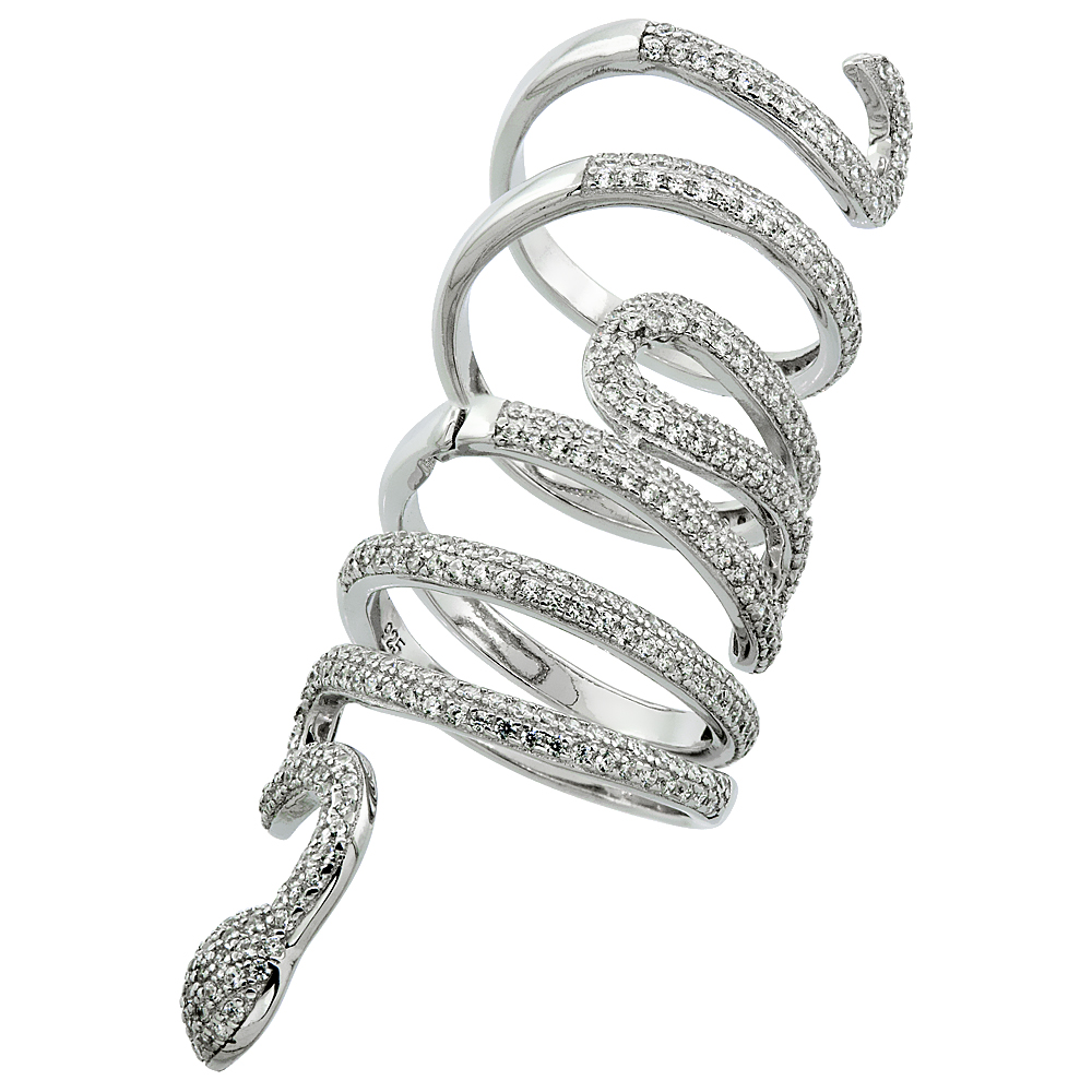 Sabrina Silver Sterling Silver Cubic Zirconia Winding Serpent Wrap Ring Micro Pave 2 3/16 inch Long, sizes 6 - 9