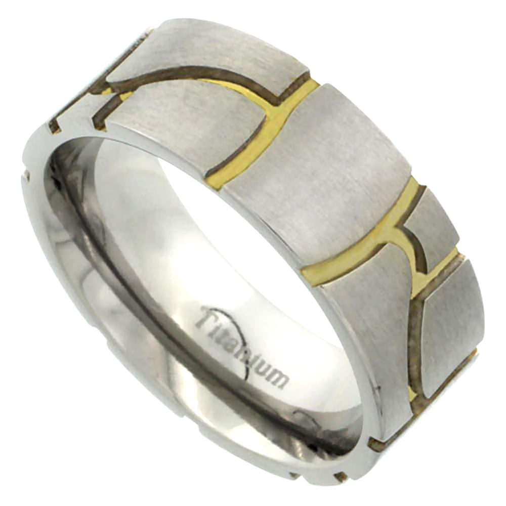 Sabrina Silver 8mm Titanium Wedding Band Stone Ring Gold Grooves Flat Brushed Finish Comfort Fit sizes 7 - 14