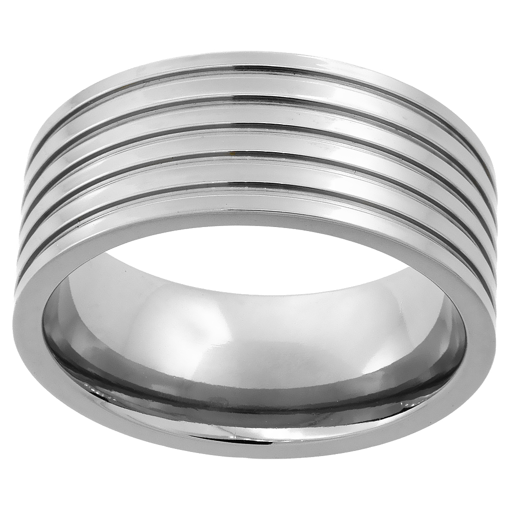 Sabrina Silver 9mm Titanium Pipe Cut Wedding Band Ring for Men 5 Grooves polished Finish Comfort Fit sizes 7 - 14