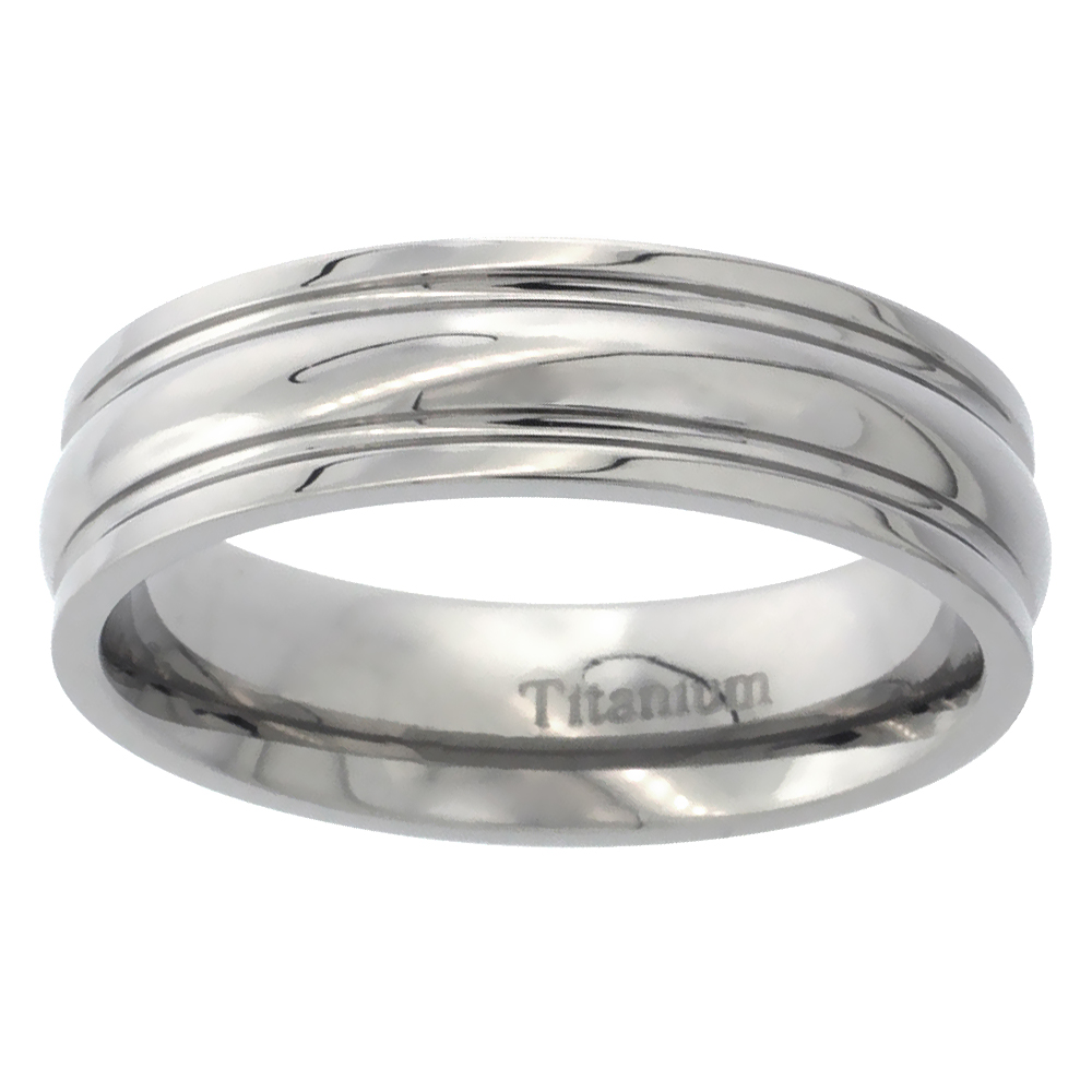 Sabrina Silver 6mm Titanium Wedding Band Ring Domed Center Grooved Edges Polished Comfort Fit sizes 7 - 14