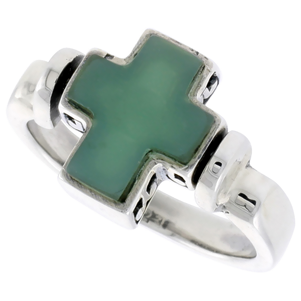 Sabrina Silver Sterling Silver Cross Ring w/ Green Resin, 1/2 inch (12 mm) wide
