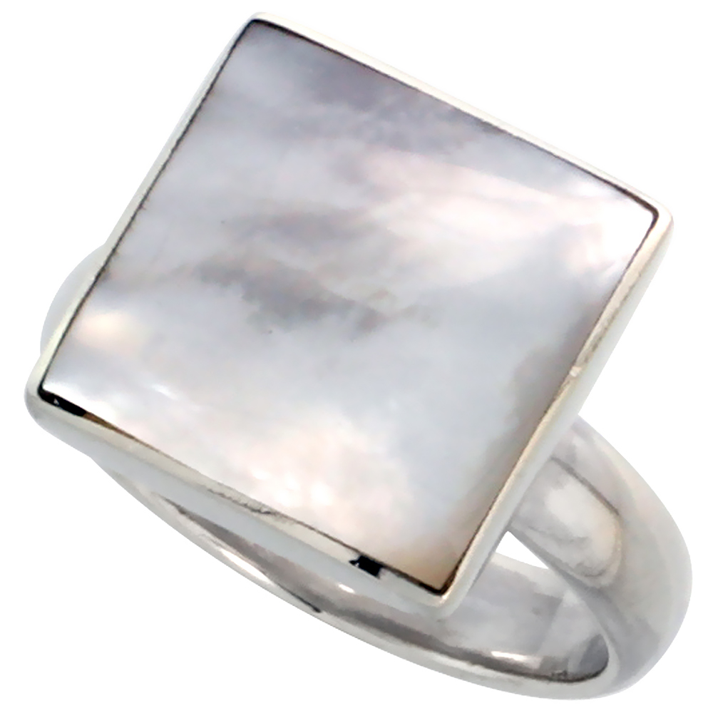 Sabrina Silver Sterling Silver Ring, w/ 13mm Square-shaped Mother of Pearl, 1/2 inch (13 mm) wide