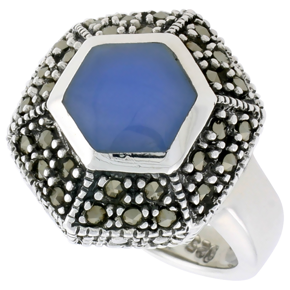Sabrina Silver Sterling Silver Ring, w/ Hexagon-shaped Blue Resin, 3/4 inch (18 mm) wide