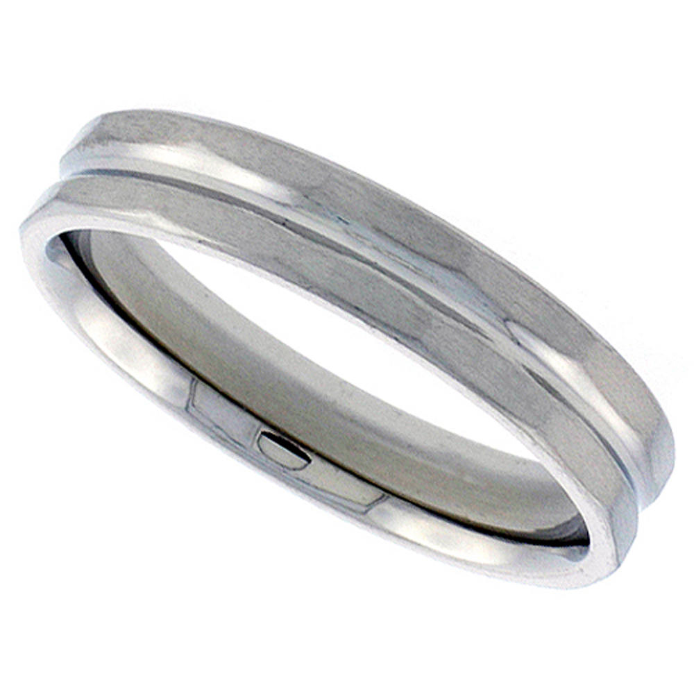 Sabrina Silver Stainless Steel 5mm Faceted Wedding Band Thumb Ring Grooved Center Matte Finish Comfort-Fit, sizes 6-10.5