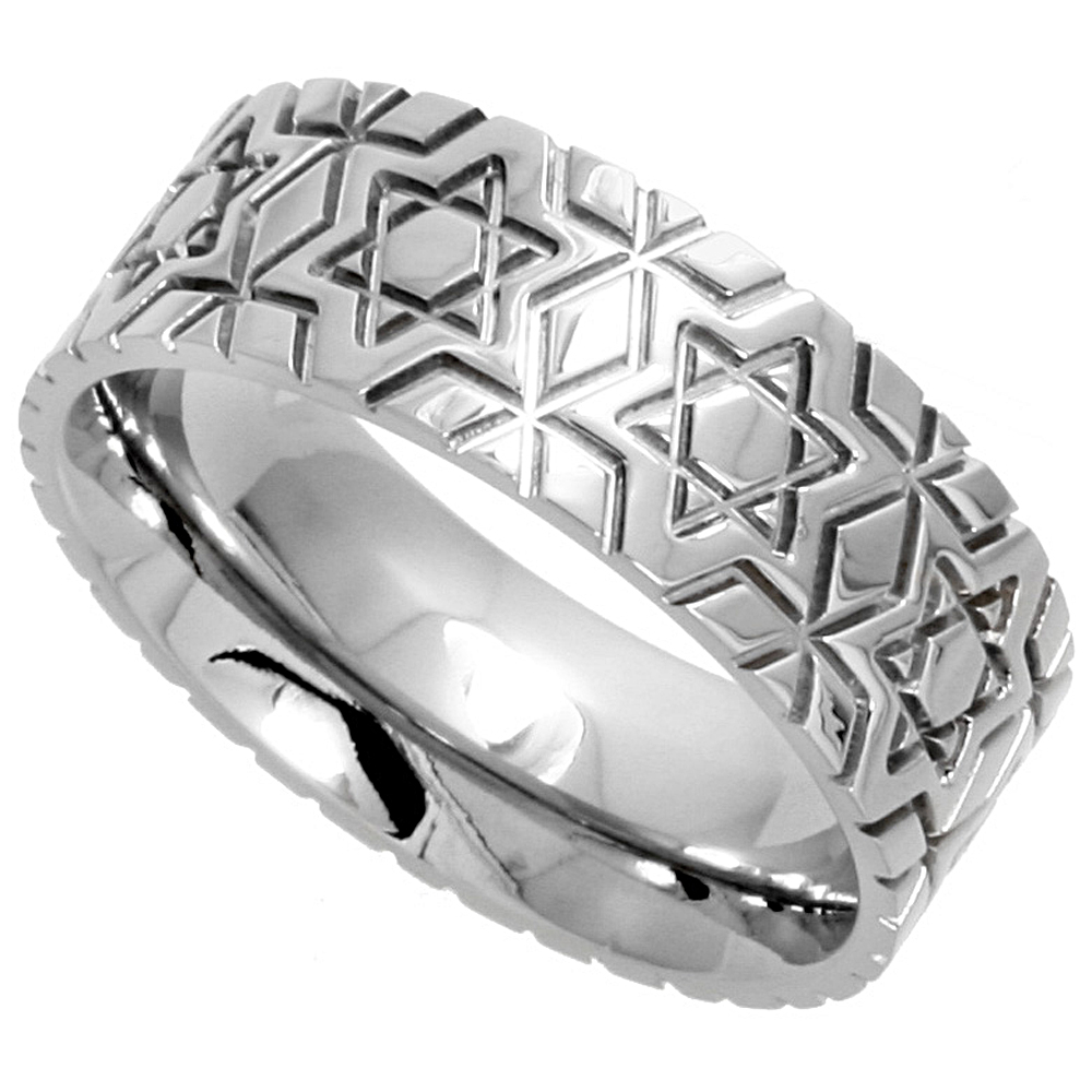 Sabrina Silver Surgical Stainless Steel 8mm Wedding Band Ring Star Of David Pattern Comfort-Fit, sizes 6 - 14