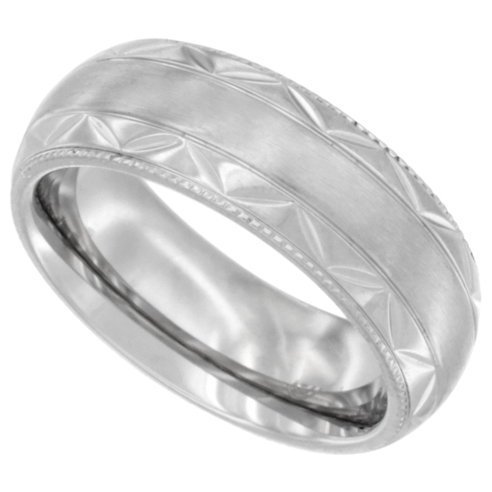 Sabrina Silver Stainless Steel 7mm Milgrain Wedding Band Ring Zigzag Edges Domed Matte Center Comfort fit, sizes 6-12