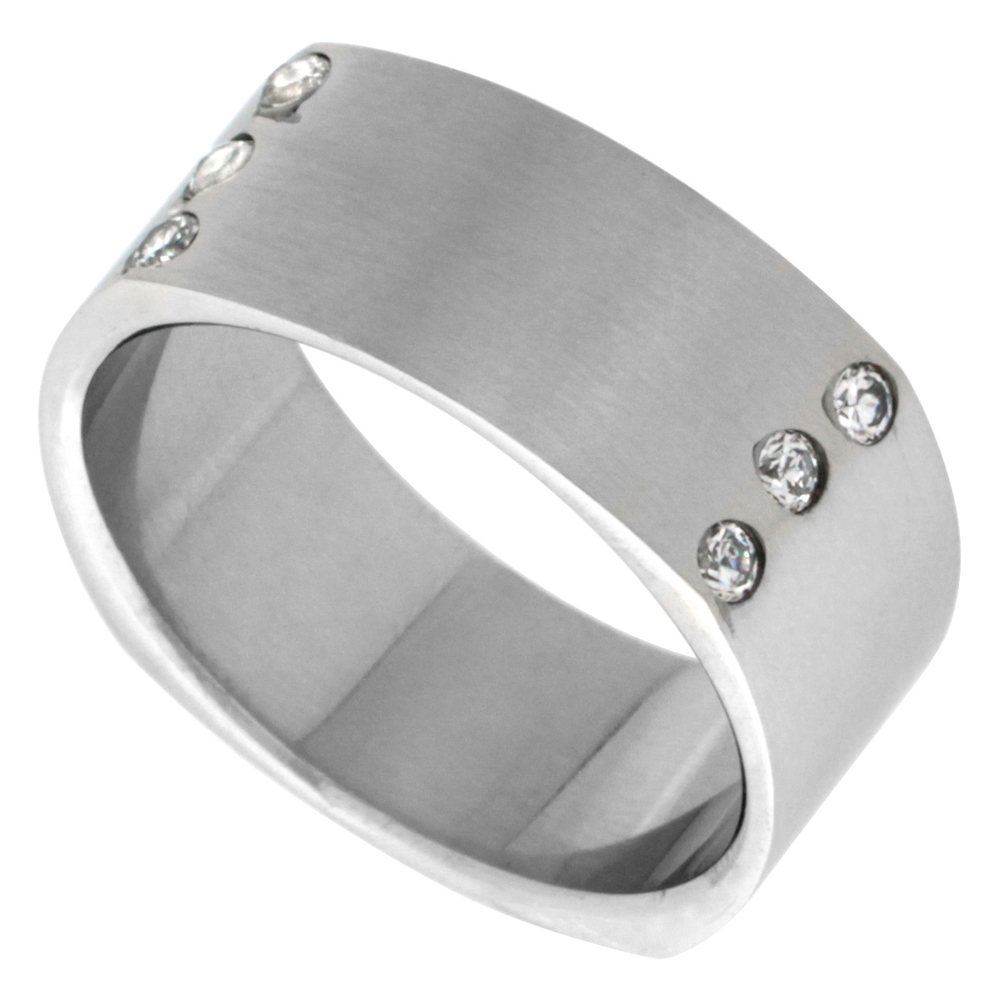 Sabrina Silver Surgical Stainless Steel 9mm Cubic Zirconia Square Wedding Band Ring Matte Finish, sizes 8 - 14