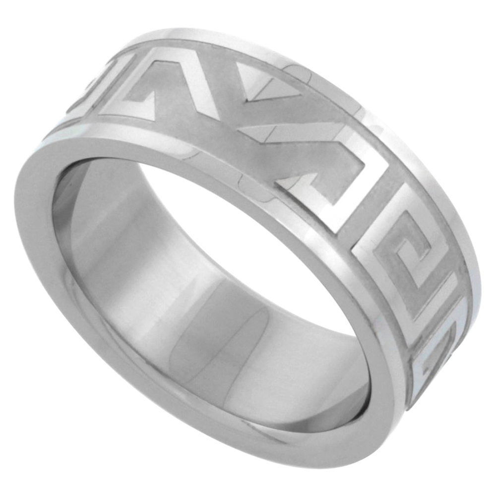 Sabrina Silver Surgical Stainless Steel 8mm Aztec Wedding Band Ring Etched Design, sizes 7 - 14
