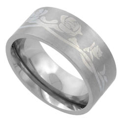 Sabrina Silver Surgical Stainless Steel 9mm Wedding Band Ring Engraved Roses Matte Finish Comfort-Fit sizes 7 - 14