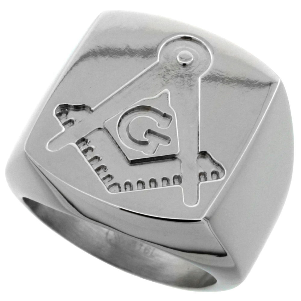 Sabrina Silver Surgical Stainless Steel Masonic Ring Square and Compass 3/4 inch, sizes 8 - 14