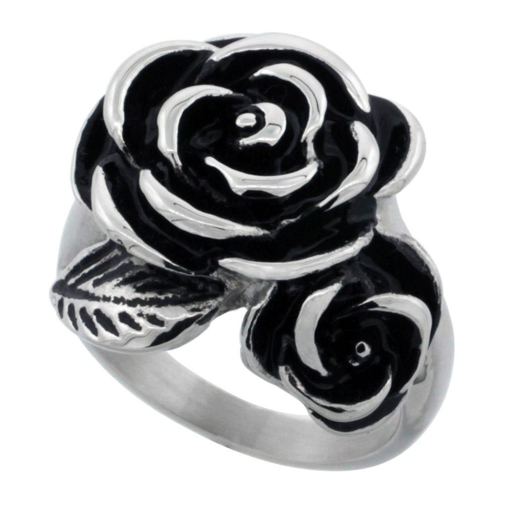 Sabrina Silver Stainless Steel Double Rose Ring for Women 7/8 inch, sizes 6 - 9