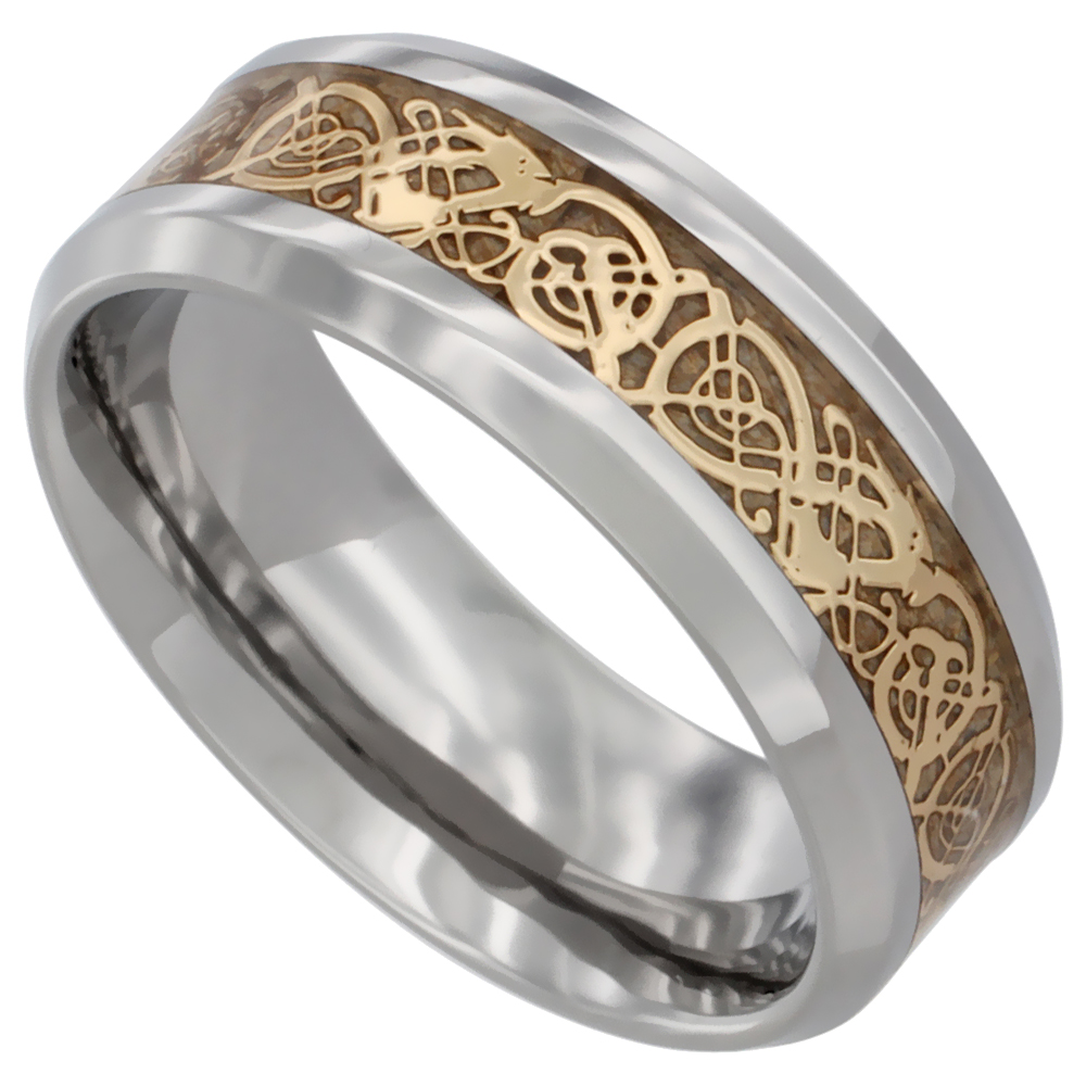 Sabrina Silver Surgical Stainless Steel 8mm Celtic Dragon Wedding Band Ring Gold Color Comfort Fit, sizes 8 - 12